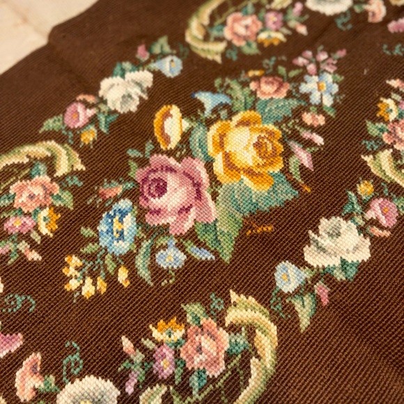 vintage Other - 22” x 39” vintage handmade needlepoint tapestry floral bench panel upholstery